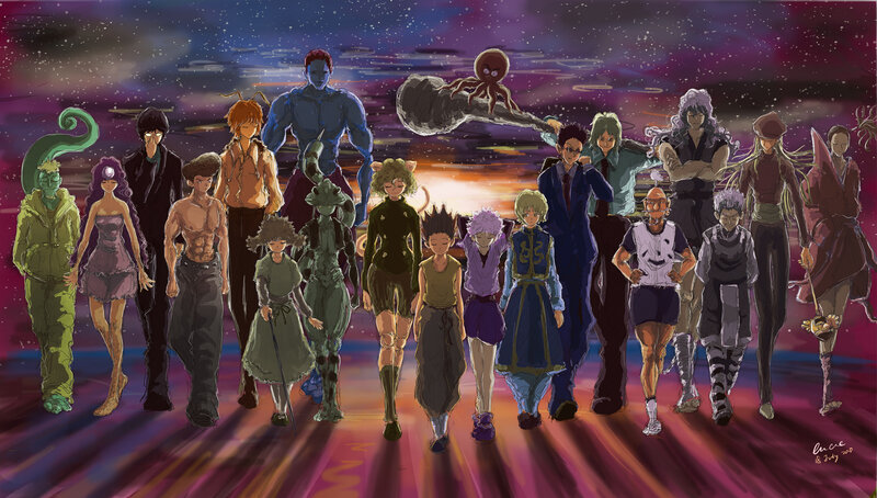 Group of Anime Characters — Purple, Dramatic, Sunset, Octopus