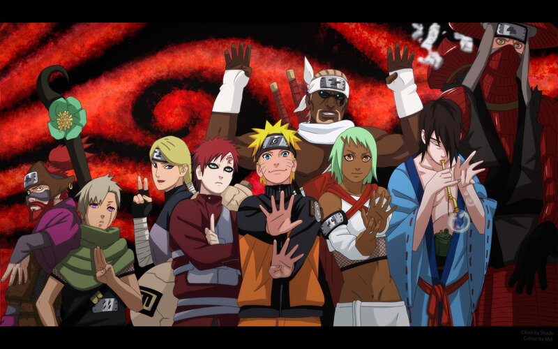 Group of Anime Characters — Red, Dramatic, Anime Characters, Ninja Headbands, Red Background, Black