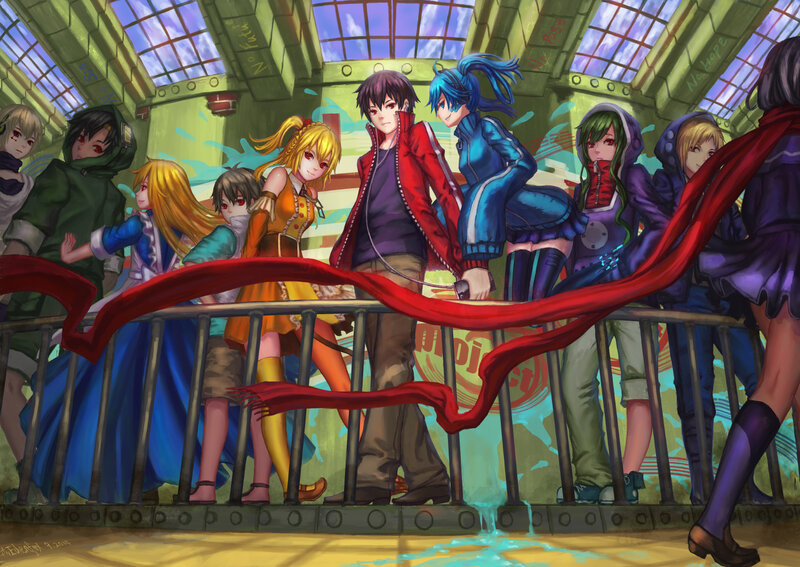 Group of Anime Characters — Red, Dramatic, Digital Art, Scarf