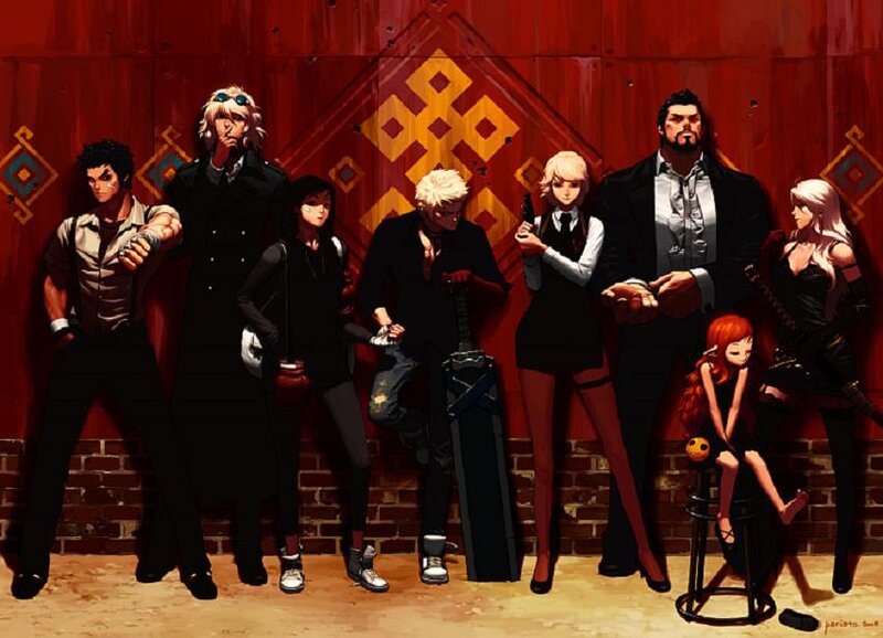 Group of Anime Characters — Red, Dramatic, Digital Art, Swords