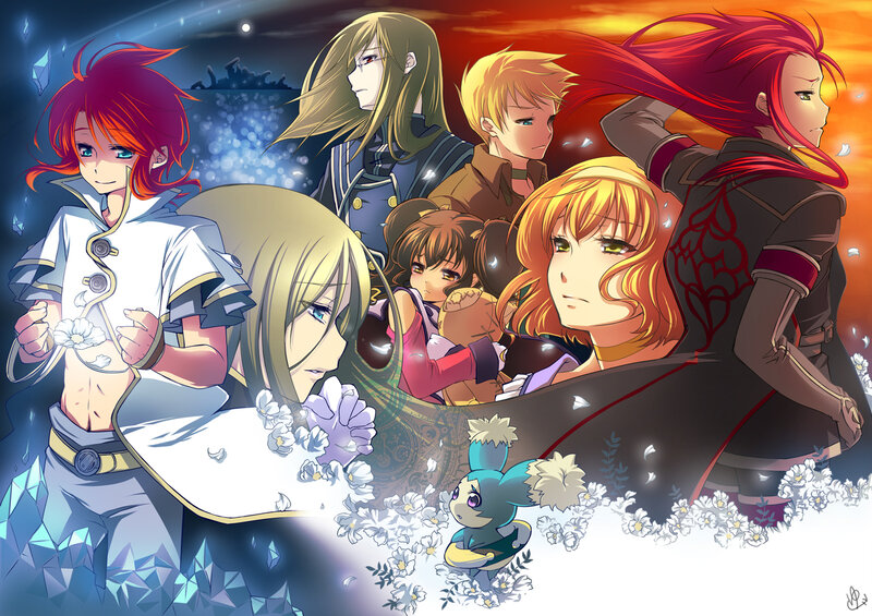 Group of Anime Characters — Red, Dramatic, Night, Flowers