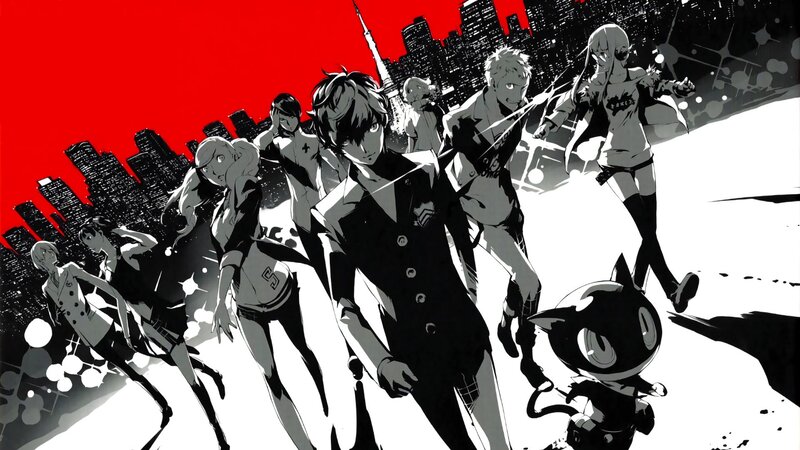 Group of Anime Characters — Red, Dramatic, Night, Manga, City Skyline