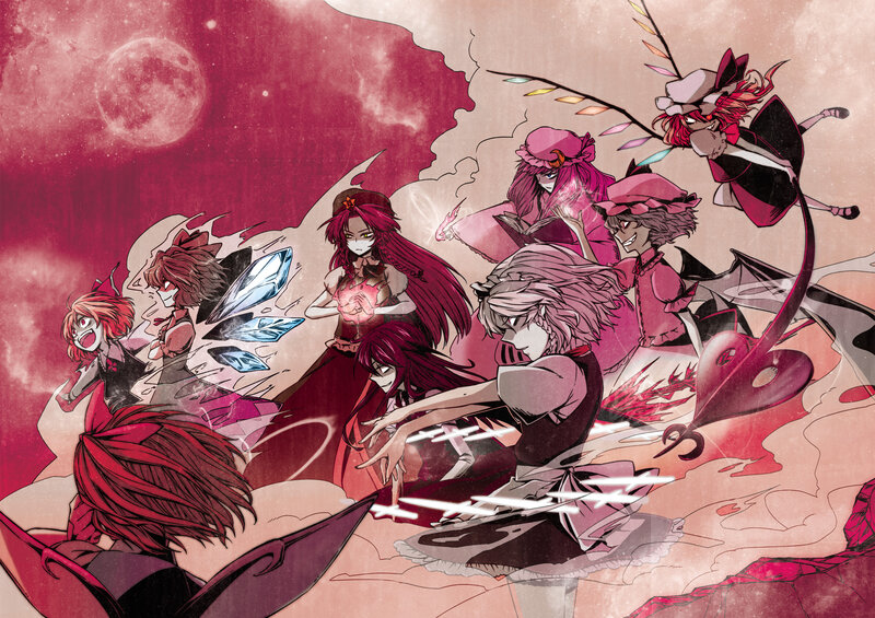 Group of Anime Characters — Red, Dramatic, Night, Manga