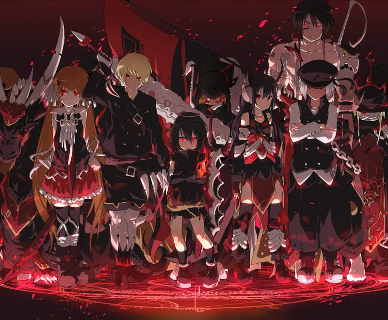 Group of Anime Characters — Red, Dramatic, Night, Swords