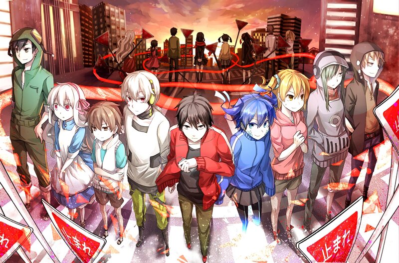Group of Anime Characters — Red, Dramatic, Sunset, Cityscape