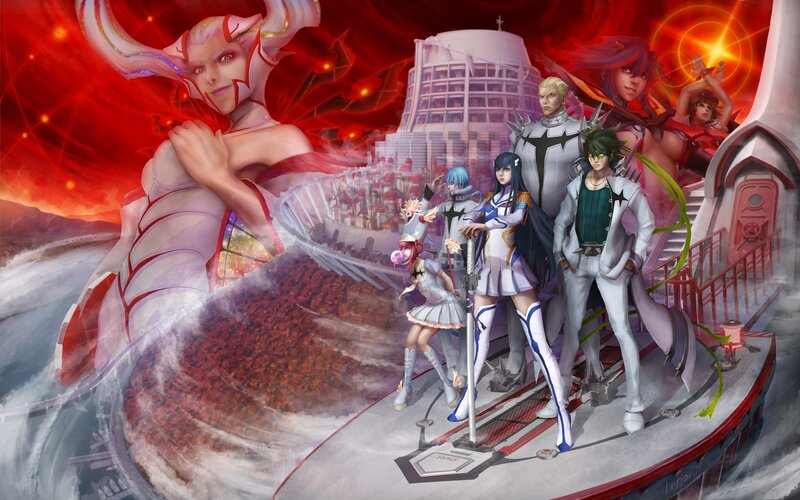 Group of Anime Characters — Red, Dramatic, Sunset, Digital Art, Fantasy City