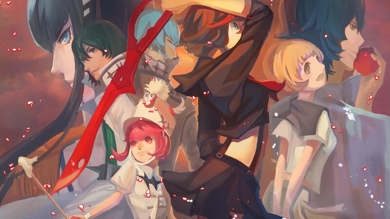 Group of Anime Characters — Red, Dramatic, Sunset, Digital Art, Sword