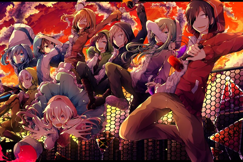 Group of Anime Characters — Red, Dramatic, Sunset, Digital Art