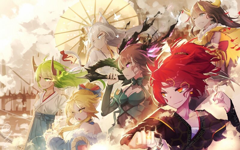 Group of Anime Characters — Red, Dramatic, Sunset, Digital Art, Umbrella