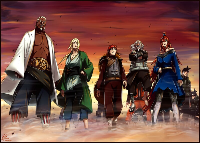Group of Anime Characters — Red, Dramatic, Sunset, Sands, Sky