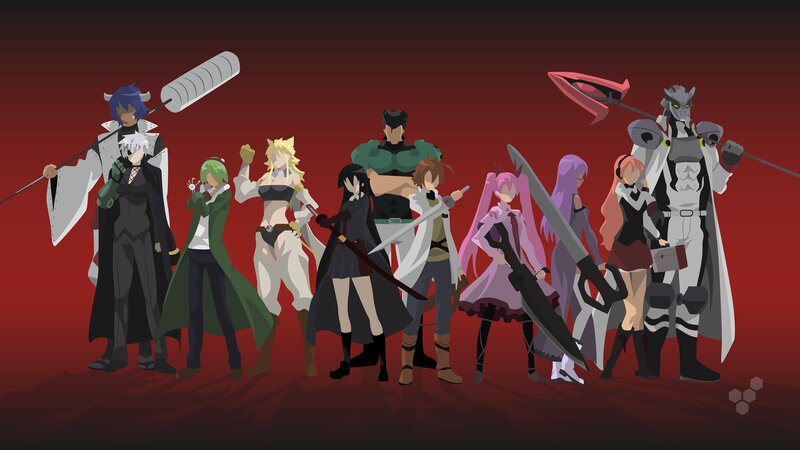 Group of Anime Characters — Red, Dramatic, Swords, Weapons