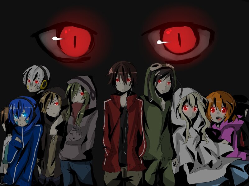 Group of anime characters with red eyes