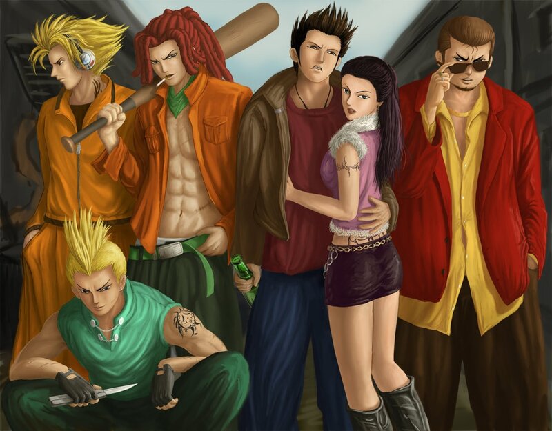 group of anime characters with weapons