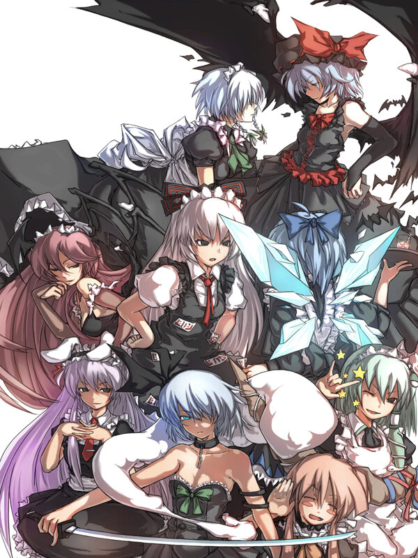 Group of Anime Girls — Black, Dramatic, Wings, Swords