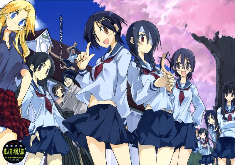 Group of Anime Girls — Blue, Cheerful, Spring, School Uniforms