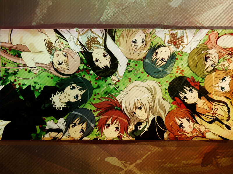 Group of Anime Girls — Green, Playful, Grass