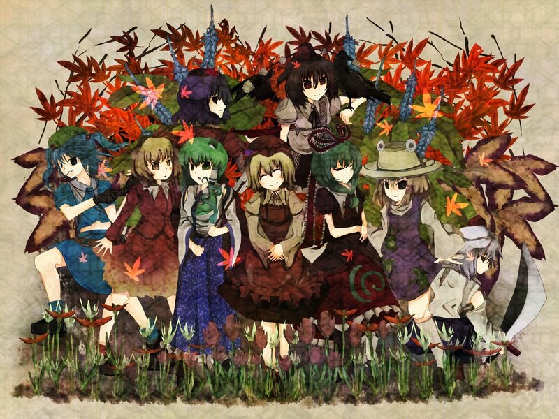 Group of anime girls in autumn