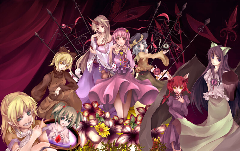 Group of Anime Girls — Purple, Dramatic, Night, Flowers