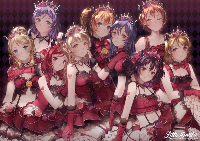 Group of Anime Girls — Red, Dramatic, Digital Art