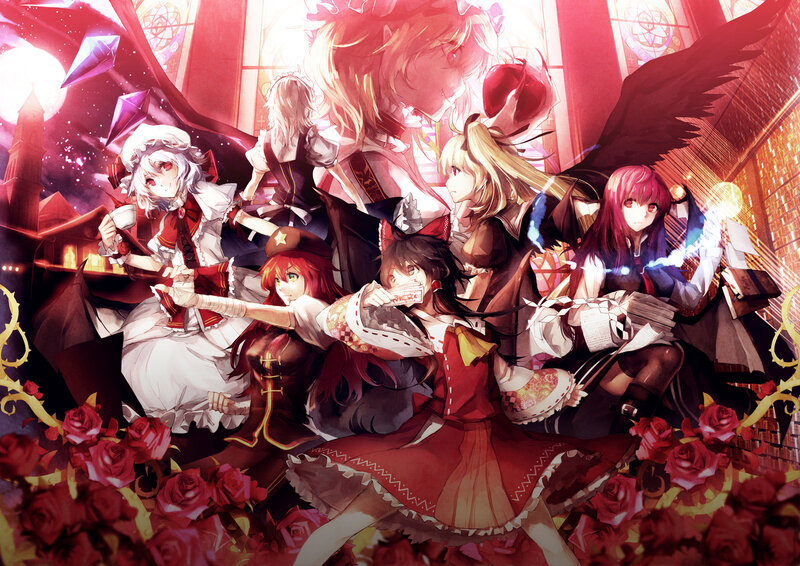 Group of Anime Girls — Red, Dramatic, Night