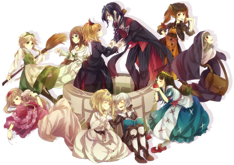 Group of Anime Girls — White, Playful, Broomstick
