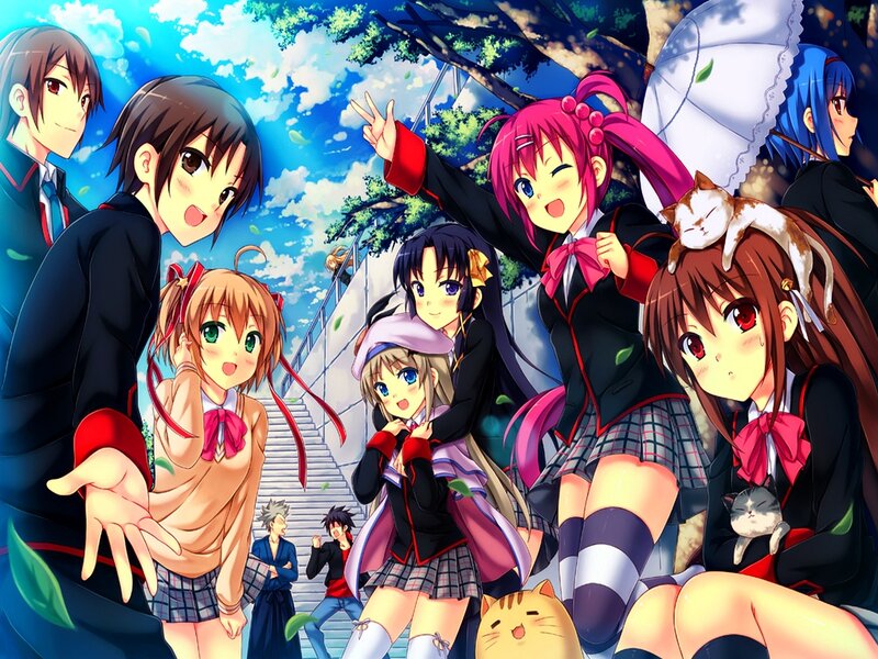 Group of Anime Students — Blue, Cheerful