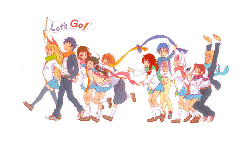 Group of Anime Students — White, Energetic, Flag