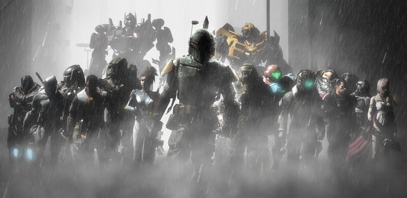 Group of Armored Characters — Gray, Dramatic