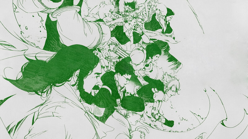 Group of Characters in Action — Green, Dramatic