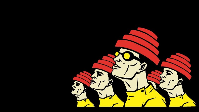 group of characters in red hats