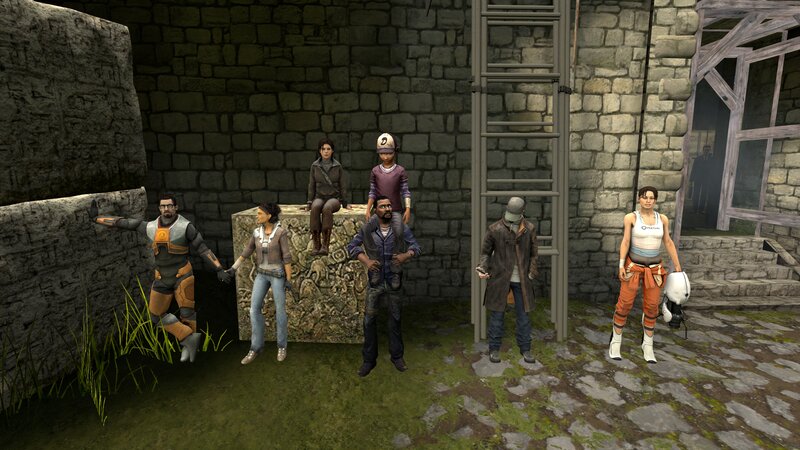 Group of Characters in Stone Courtyard