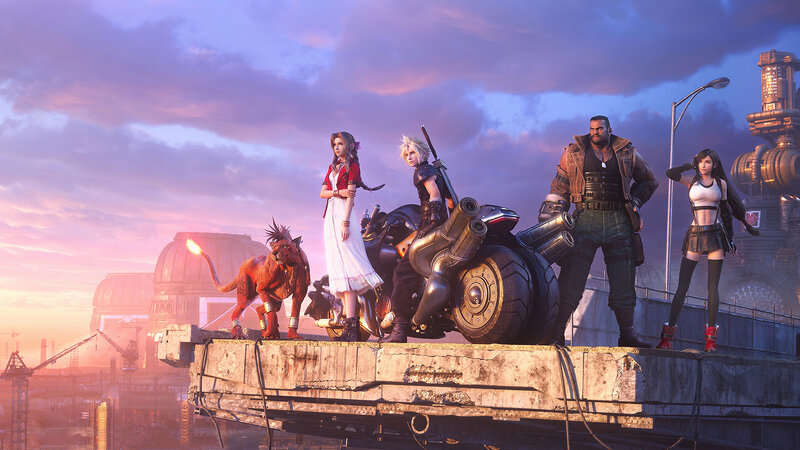 Group of Characters on Platform — Purple, Dramatic, Sunset