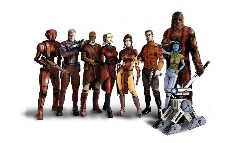 Group of Characters Standing — Brown, Adventurous