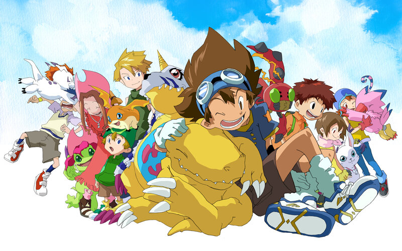 Group of Children and Digimon — Blue, Joyful, Afternoon