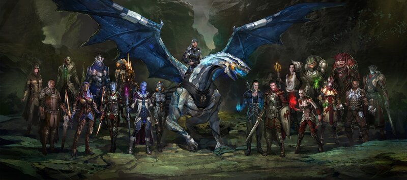 Group of Fantasy Characters — Blue, Dramatic, Digital Art, Dragon, Cave