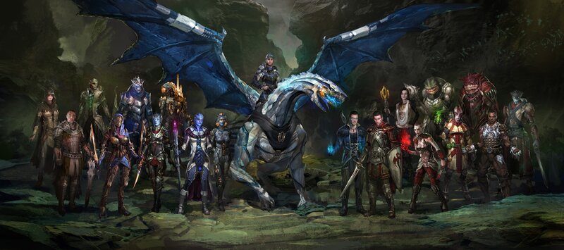 Group of Fantasy Characters — Blue, Dramatic, Digital Art, Dragon