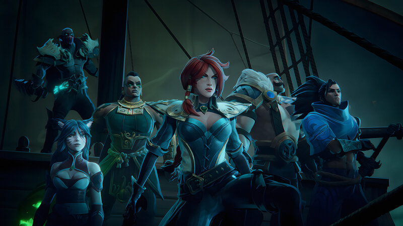Group of Fantasy Characters — Blue, Dramatic, Night, Digital Art, Sailboat