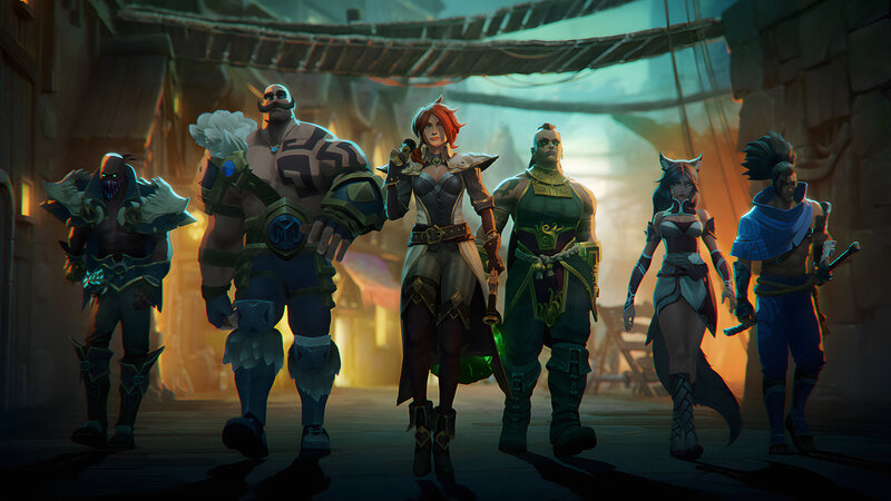 Group of Fantasy Characters — Green, Dramatic, Night, Digital Art, Fantasy Armor
