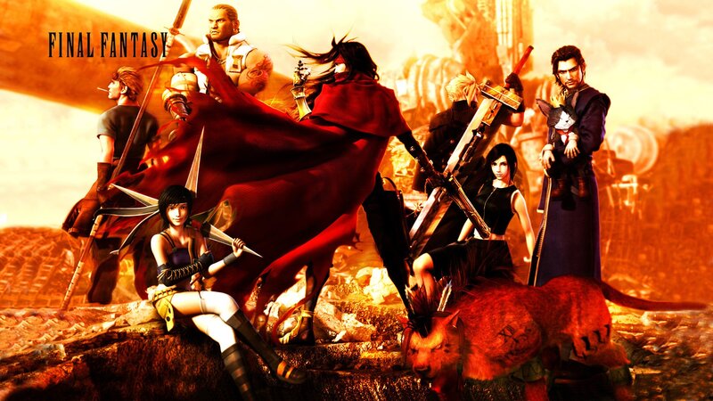 Group of Fantasy Characters — Orange, Dramatic, Sunset, Digital Art, Swords, Red Cloak