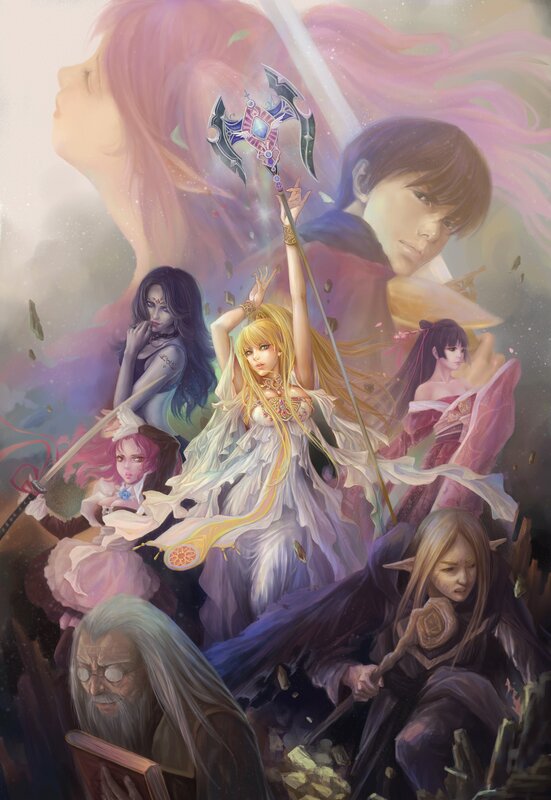 Group of Fantasy Characters — Purple, Dramatic, Digital Art, Sword, Staff