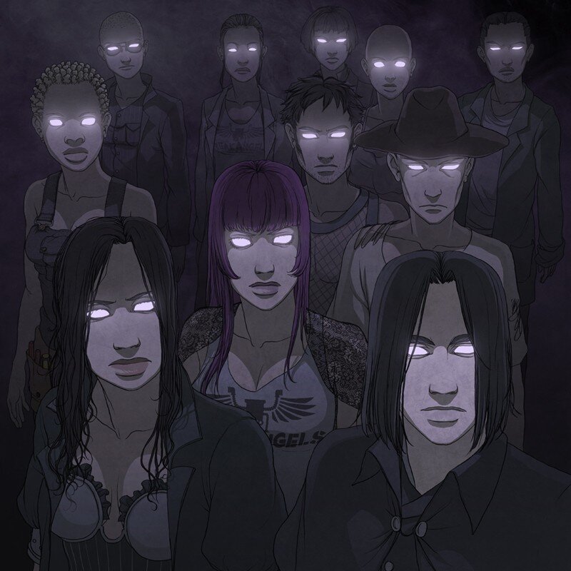 group of glowing-eyed figures