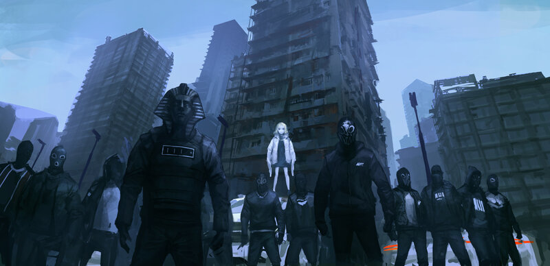 Group of Masked Figures — Blue