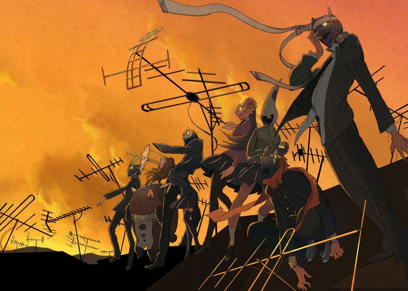 Group of Masked Figures — Orange, Dramatic