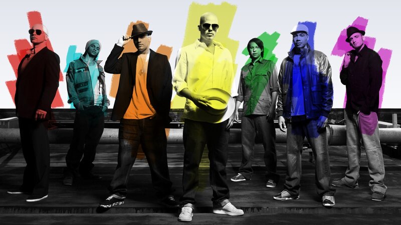 group of men in colorful art