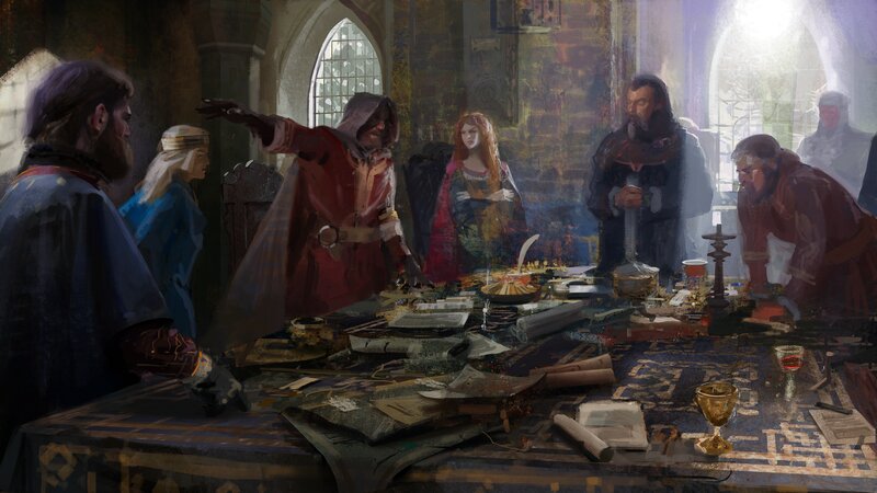 Group of People at Table — Brown, Dramatic