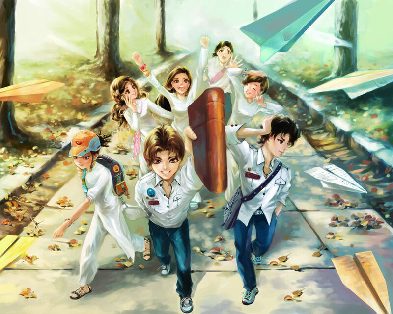 group of students running in forest