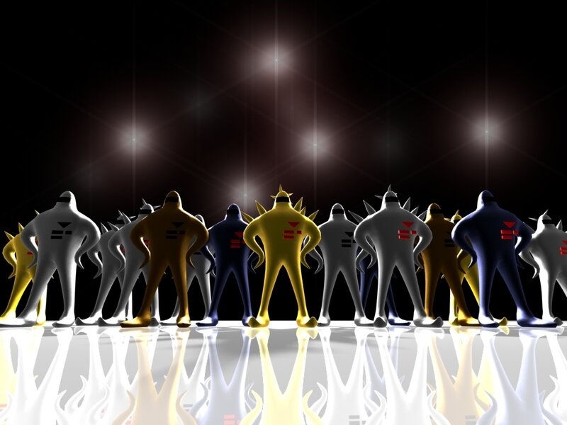 Group of stylized figures on stage