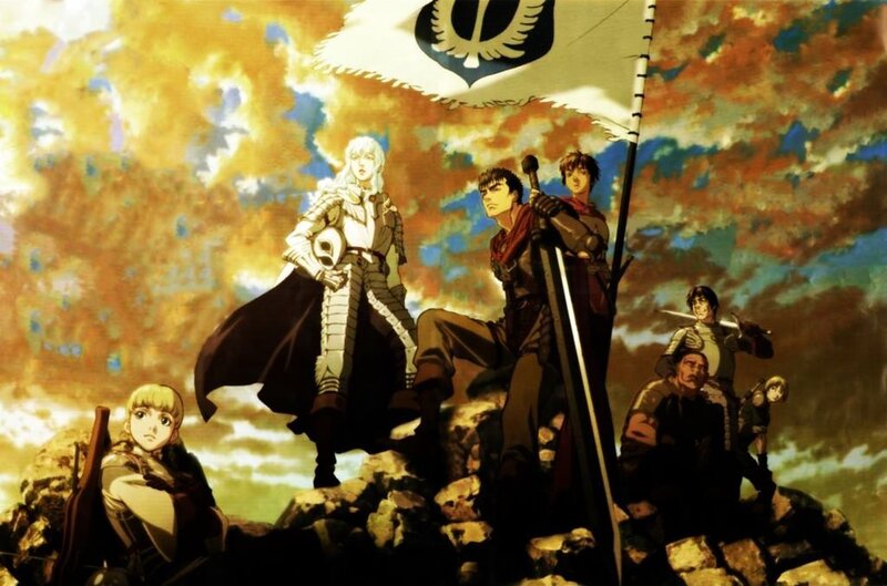 Group of Warriors on Rocks — Orange, Dramatic, Sunset, Anime, Flag