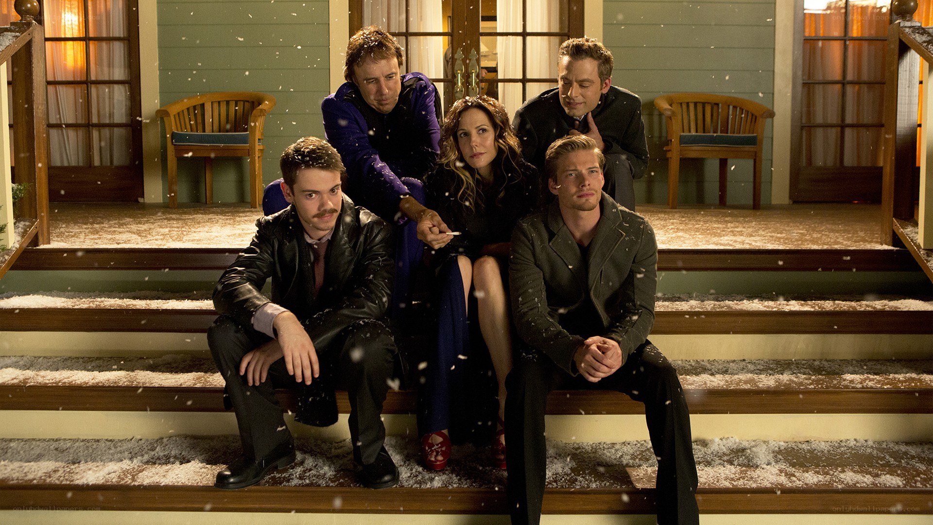 Group on snowy steps