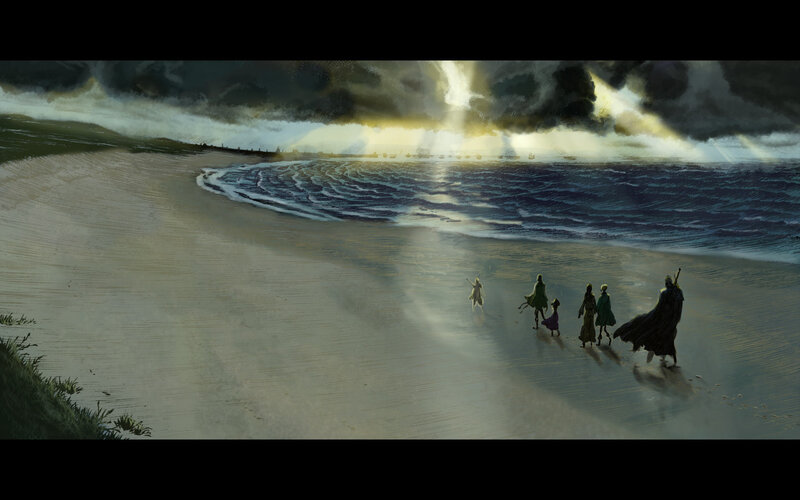 Group walks on beach at sunset